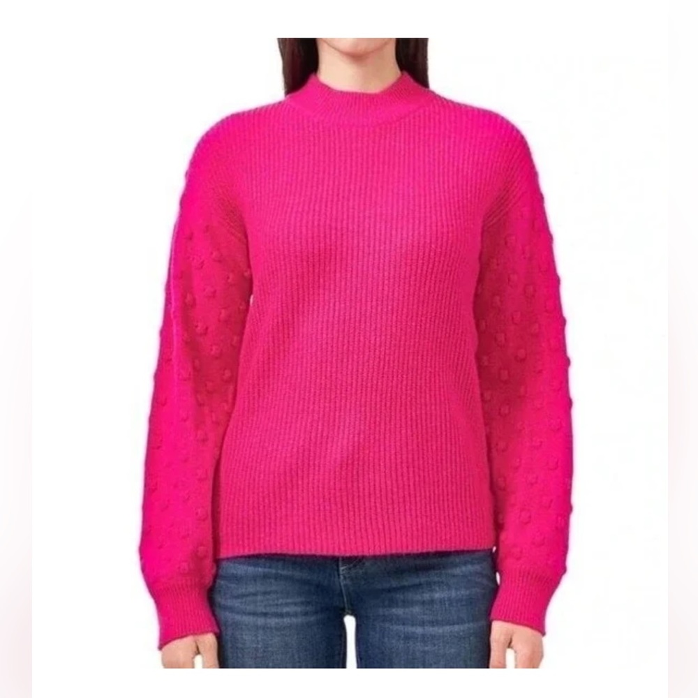 Vince Camuto Bobble Stitch Sleeve Hot Pink Mock Neck Sweater Size Medium